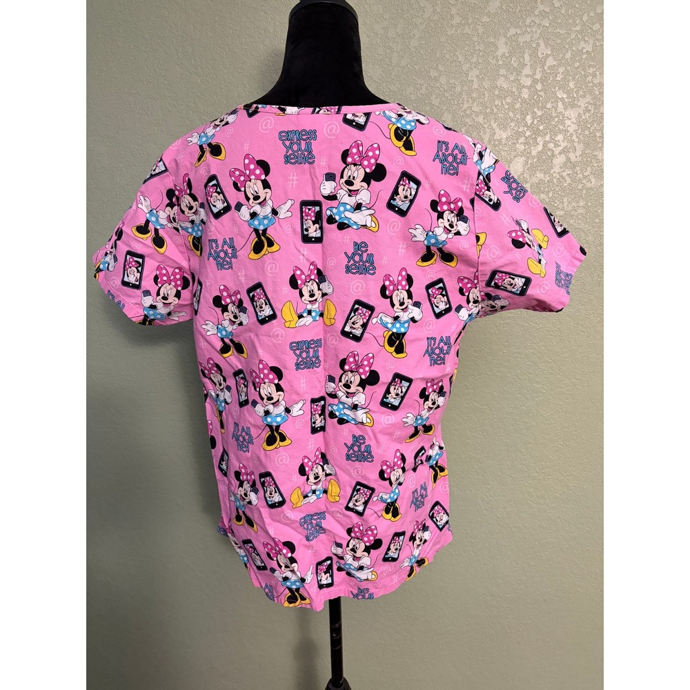 Disney Minnie Mouse Pink Selfie Print V-Neck Scrub Top Large L Women - Picture 2 of 6